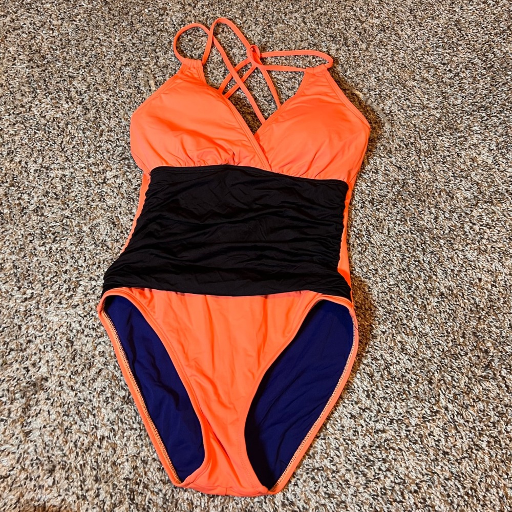 Orange One Piece Swimsuit Size 6 Black‎ Ruched Criss Cross Straps